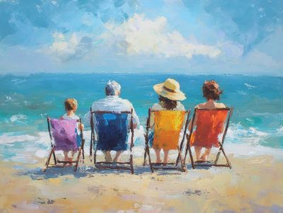 Beach Chairs by the Sea Impressionist Print. poster