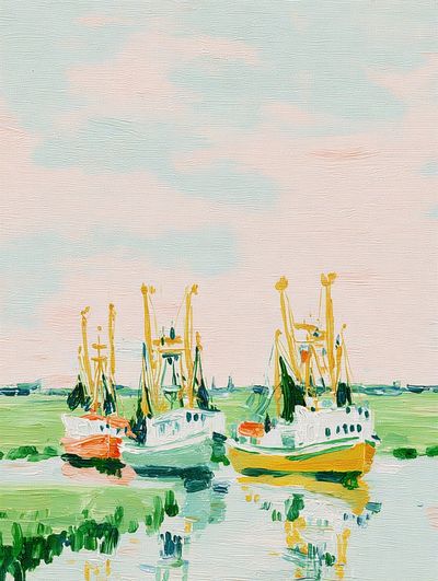 Fishing Boats Harbor Impressionism Poster. poster