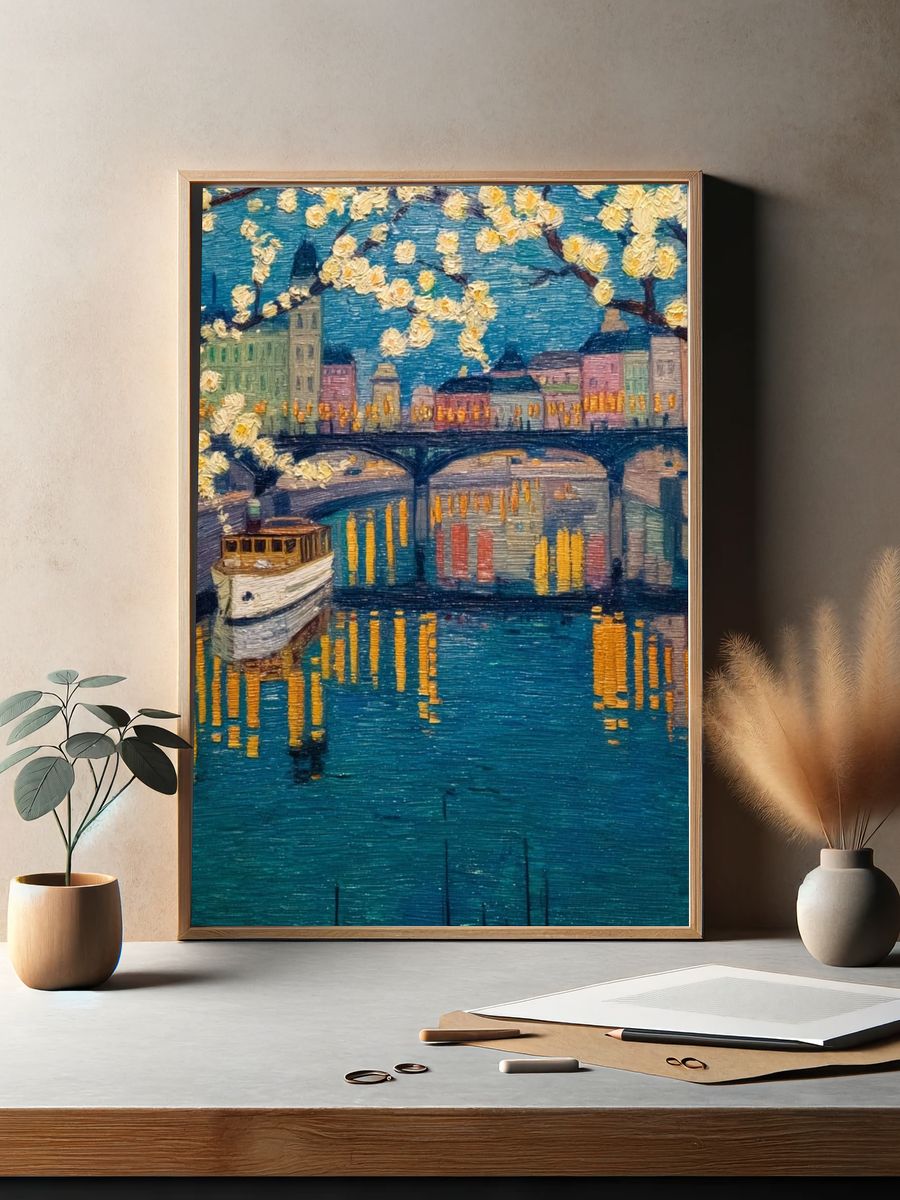 Paris River Bridge Impressionist Poster. — room view 2