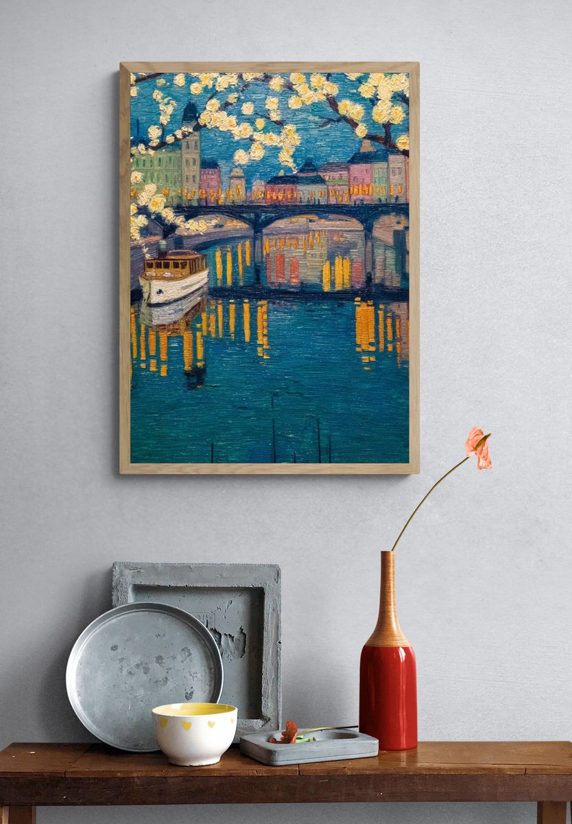 Paris River Bridge Impressionist Poster. — room view 3