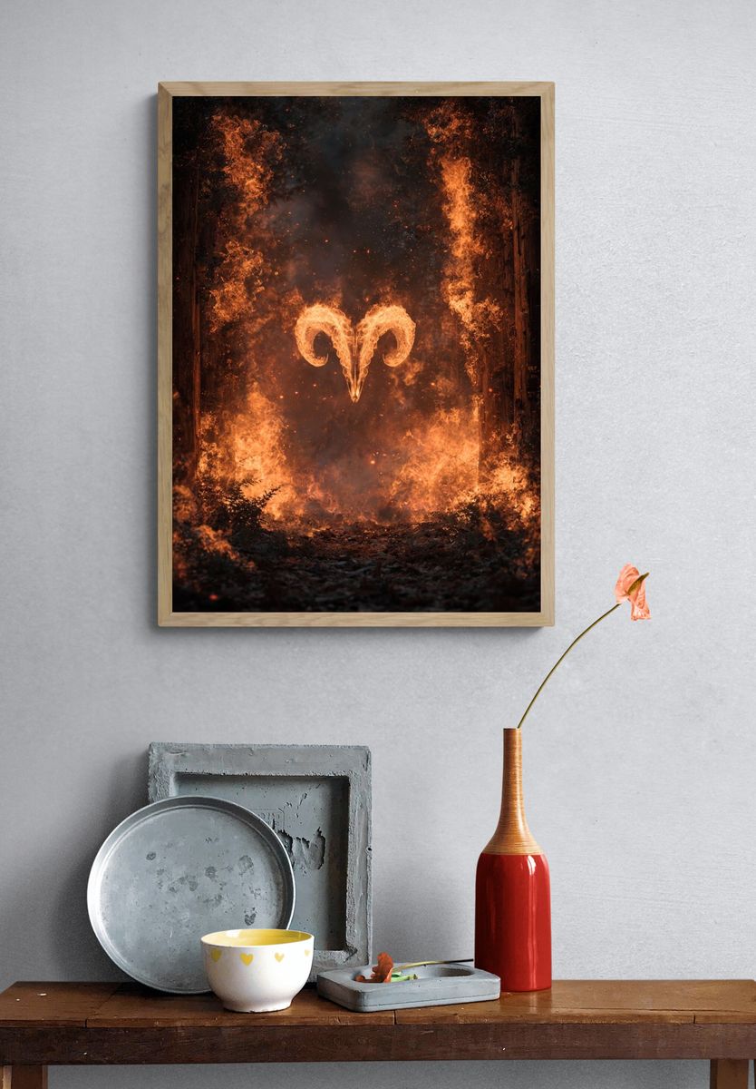 Fiery Ram Symbol — Digital Art Print. — room view 3