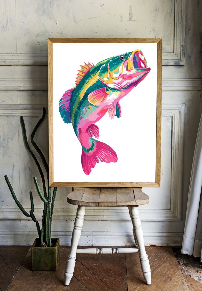 Colorful Bass Fish Illustration Poster. — room view 1