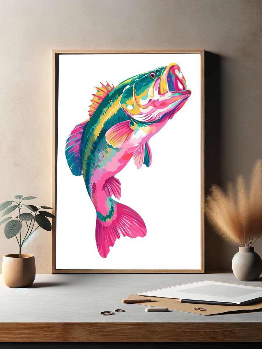 Colorful Bass Fish Illustration Poster. — room view 2