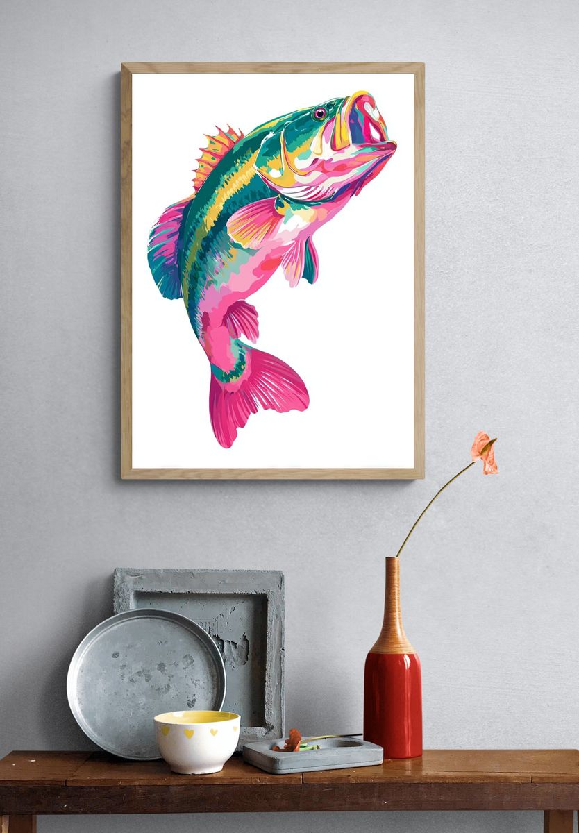 Colorful Bass Fish Illustration Poster. — room view 3