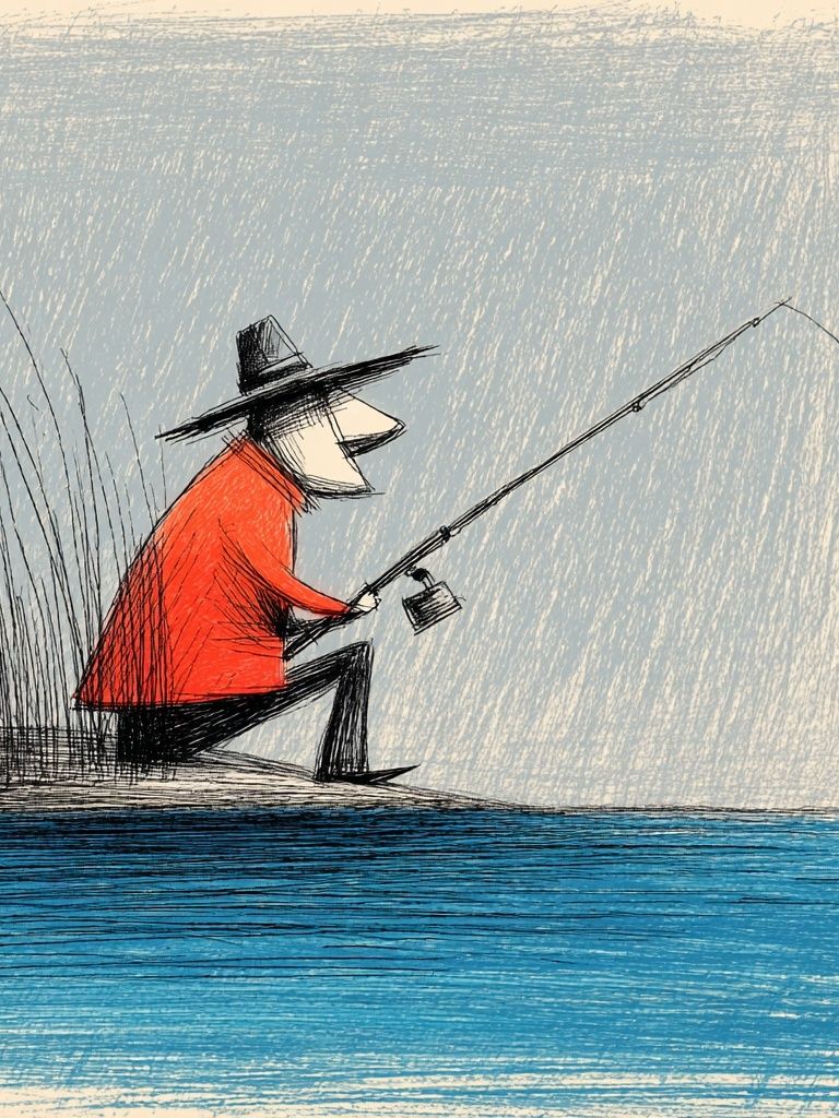 Fisherman by the Water Illustration Poster. poster detail