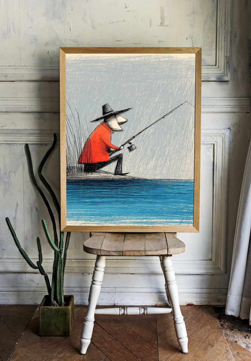 Fisherman by the Water Illustration Poster. — room view 1