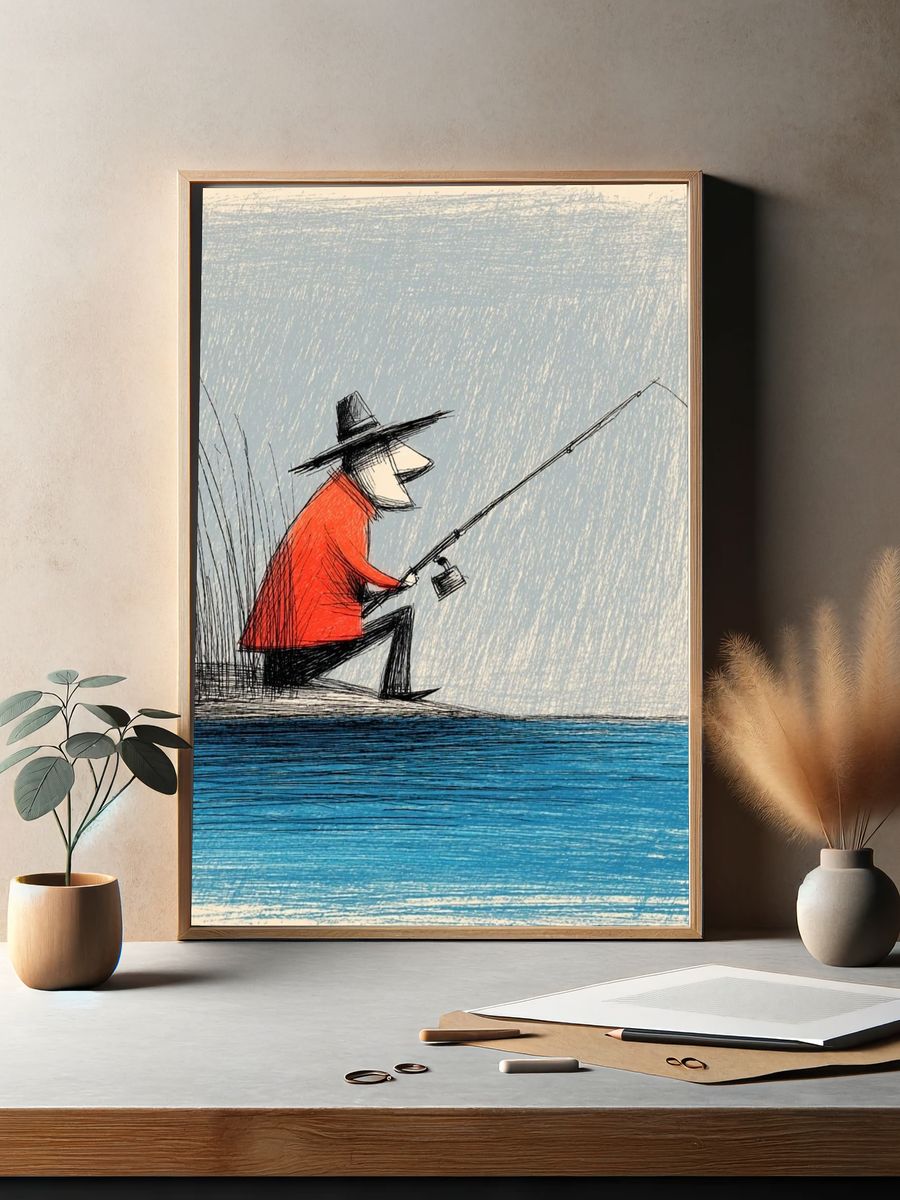 Fisherman by the Water Illustration Poster. — room view 2