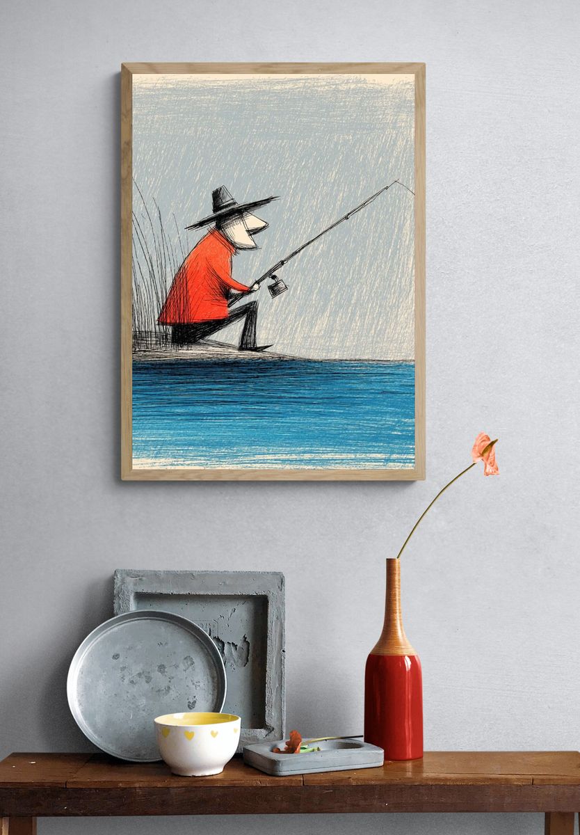 Fisherman by the Water Illustration Poster. — room view 3