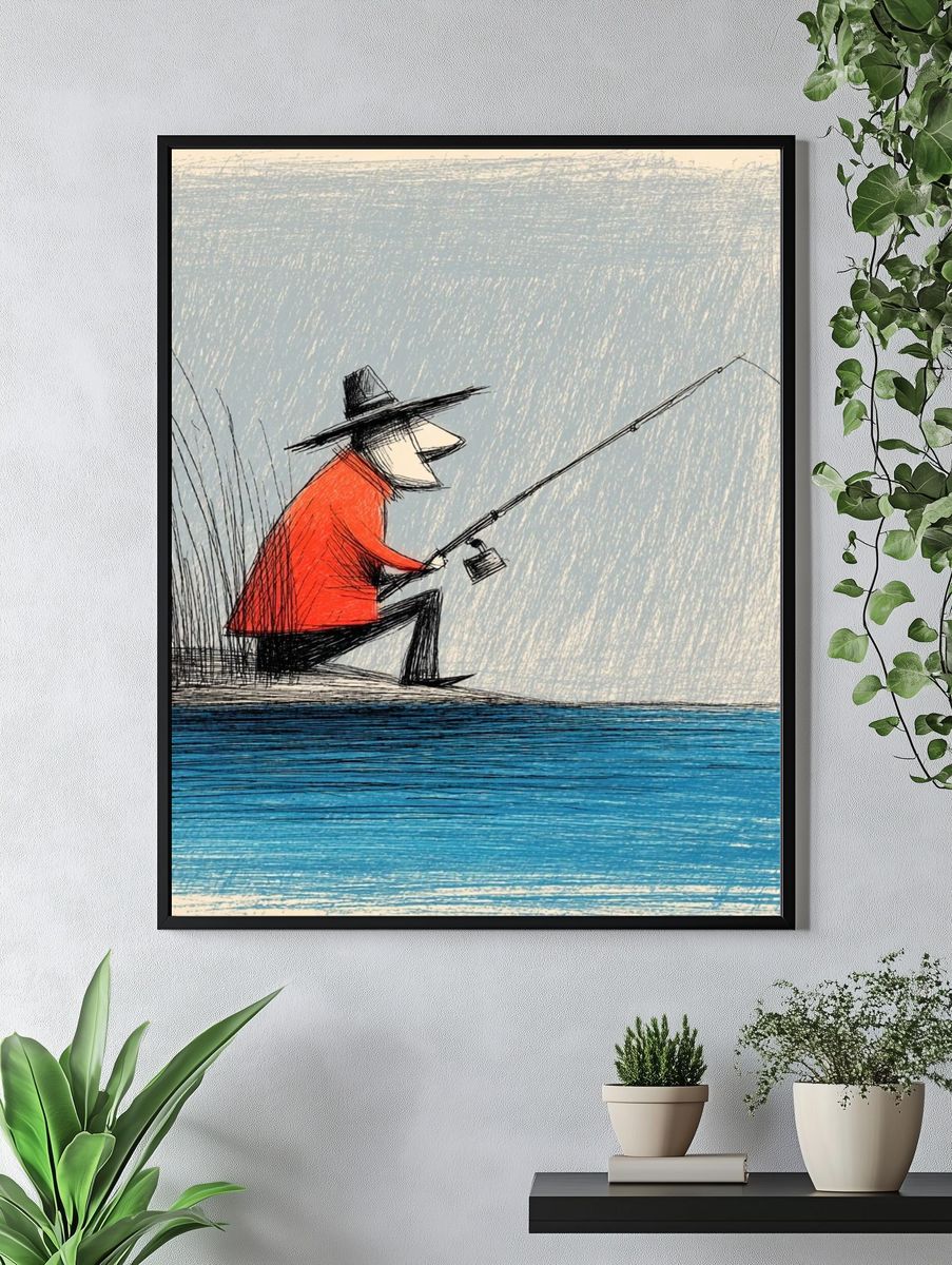 Fisherman by the Water Illustration Poster. — room view 4