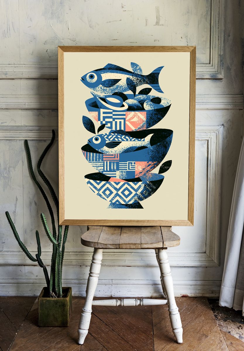 Blue Fish Still Life Print. — room view 1