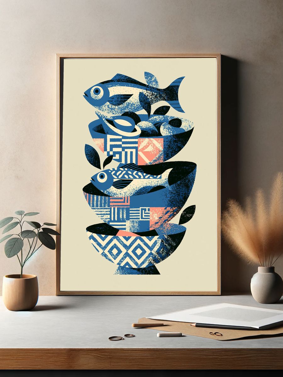 Blue Fish Still Life Print. — room view 2