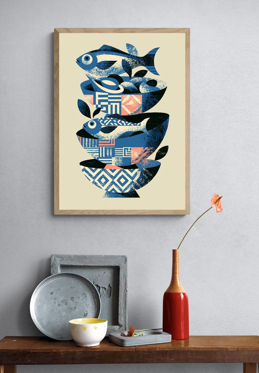 Blue Fish Still Life Print. — room view 3