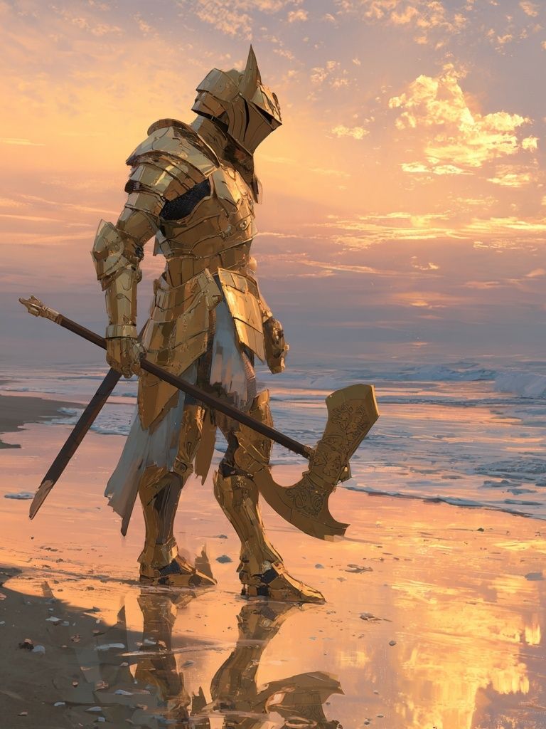 Golden Knight at Sunset — Fantasy Print. poster detail