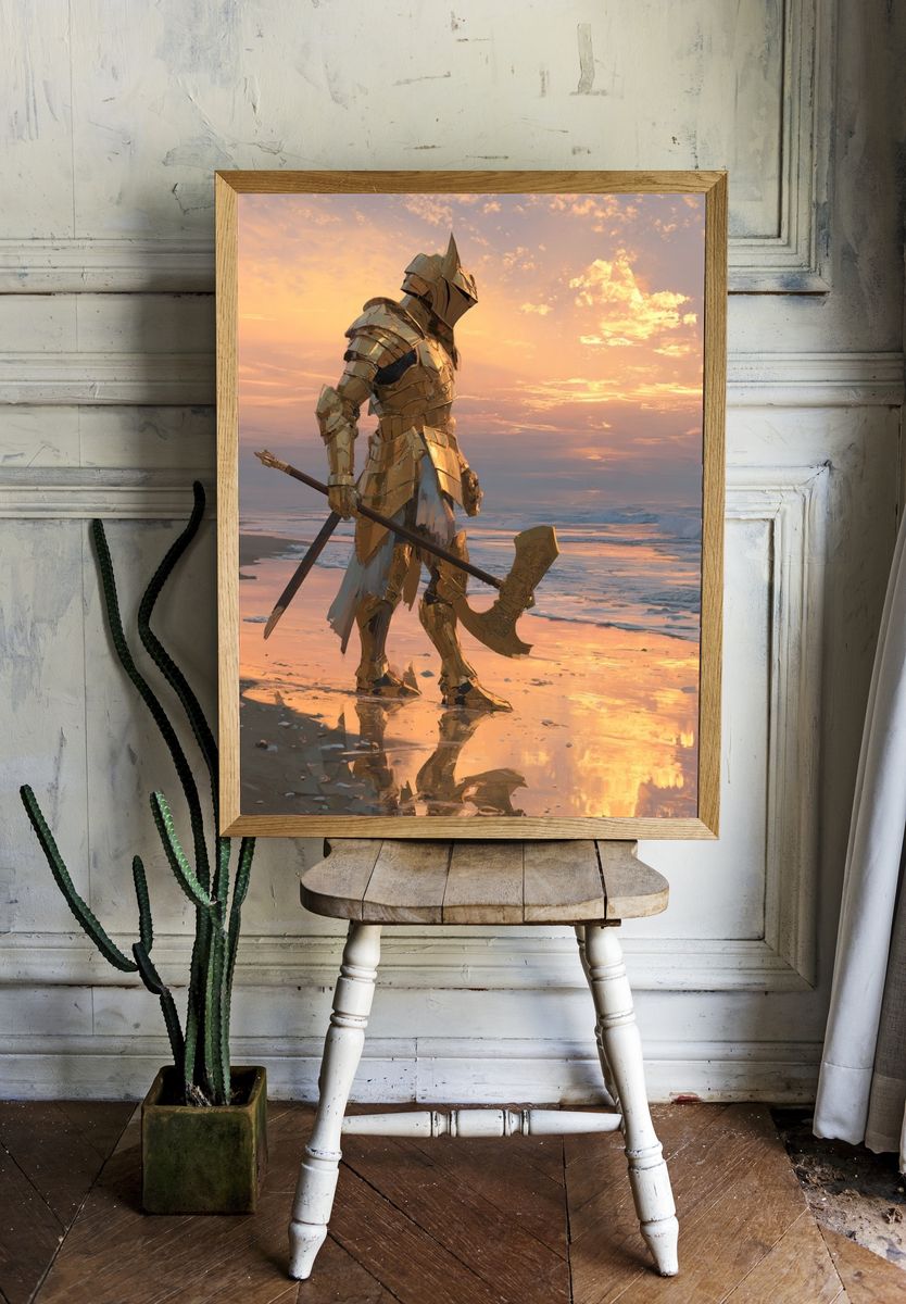 Golden Knight at Sunset — Fantasy Print. — room view 1