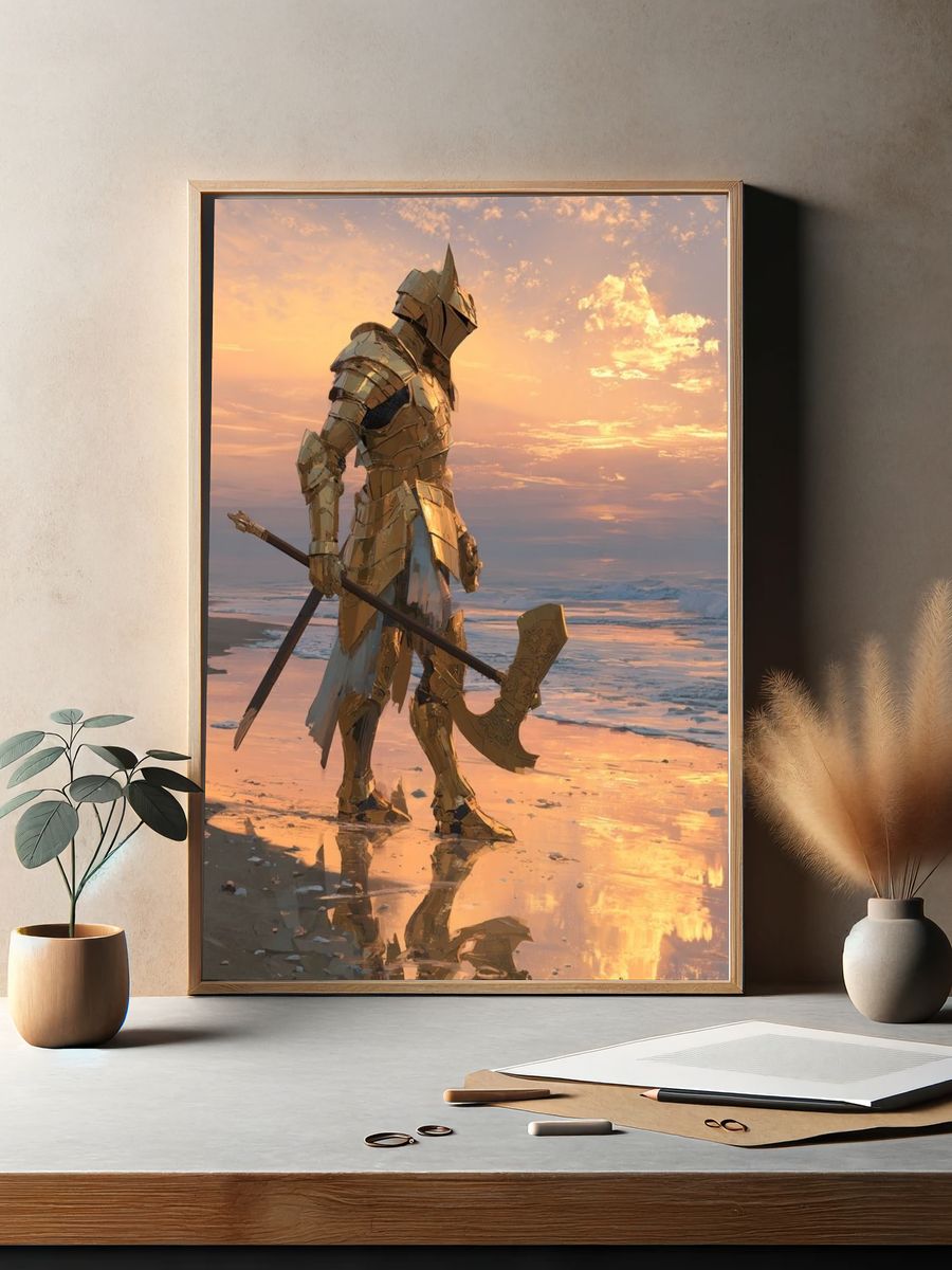 Golden Knight at Sunset — Fantasy Print. — room view 2