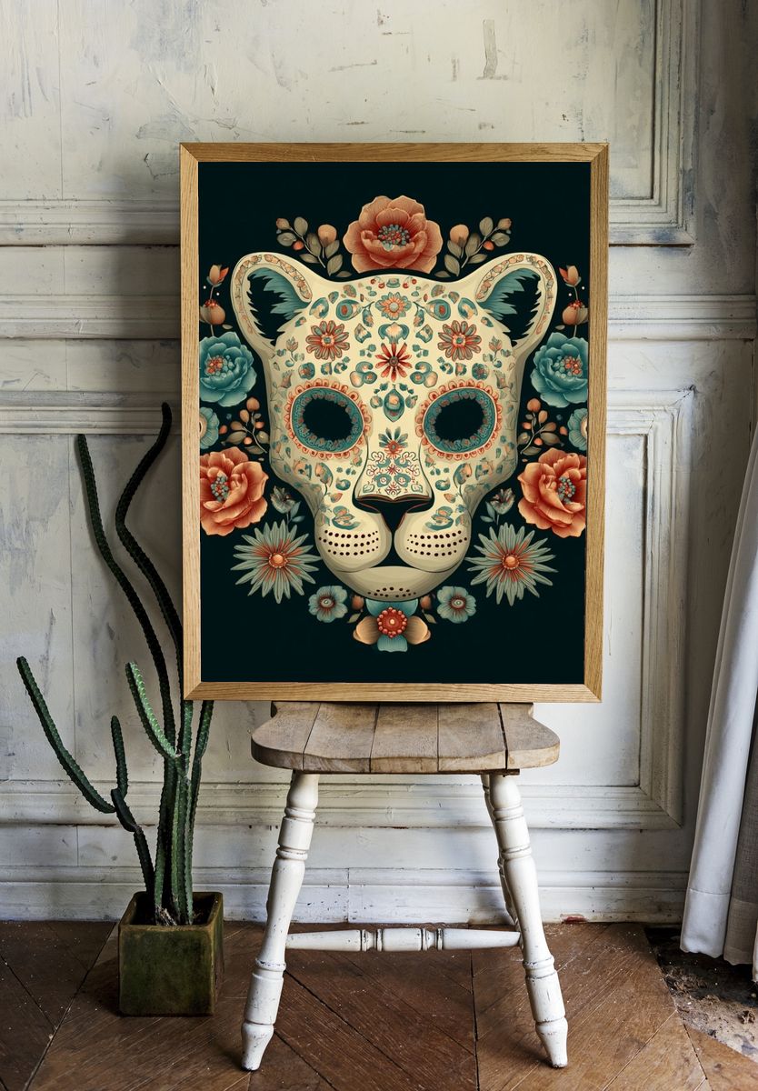 Floral Leopard Skull Illustration Poster. — room view 1