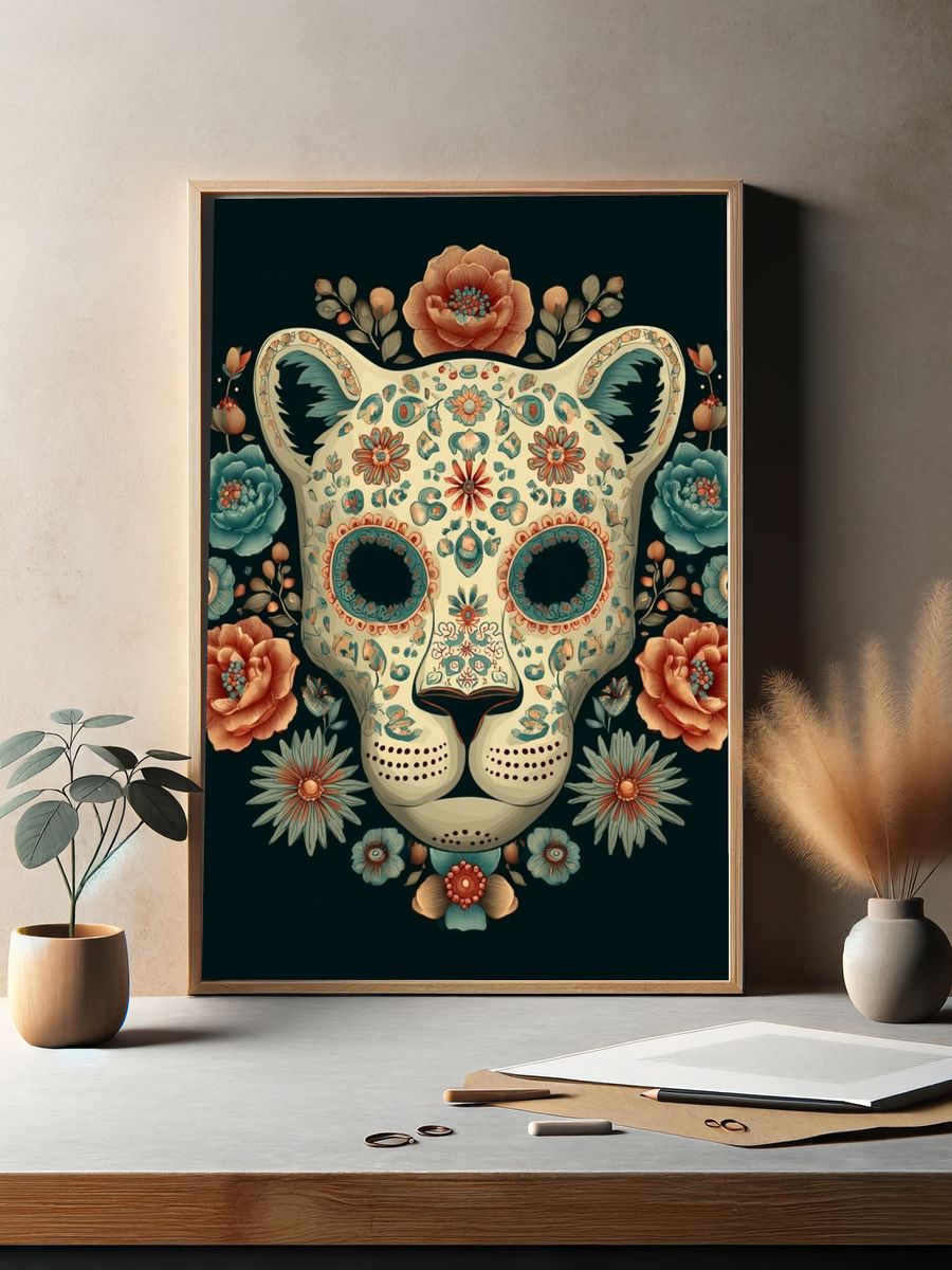 Floral Leopard Skull Illustration Poster. — room view 2