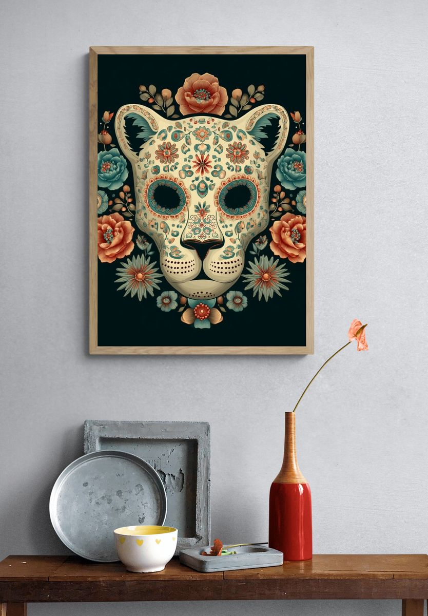 Floral Leopard Skull Illustration Poster. — room view 3