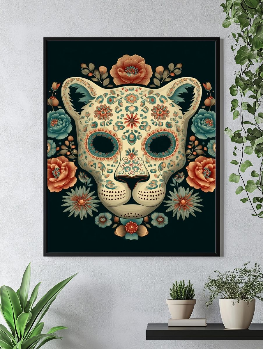 Floral Leopard Skull Illustration Poster. — room view 4