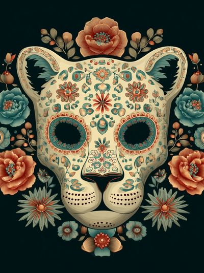 Floral Leopard Skull Illustration Poster. poster print