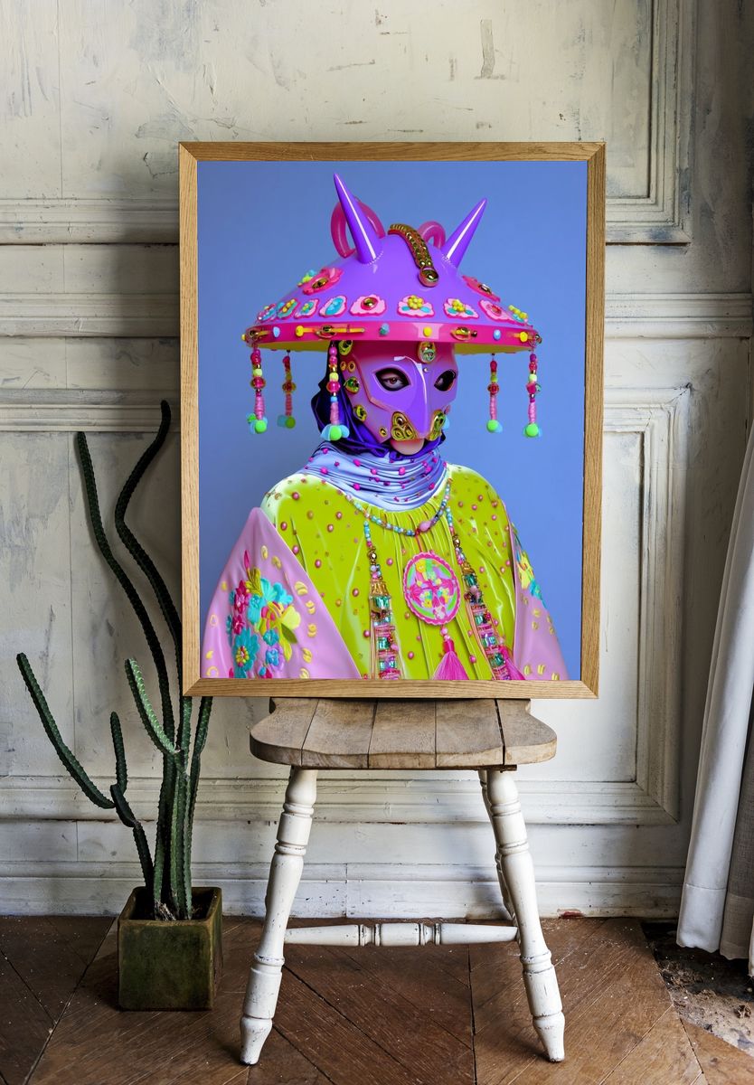 Colorful Futuristic Masked Figure Poster. — room view 1