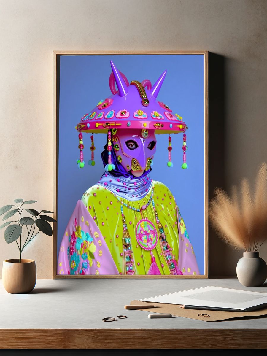 Colorful Futuristic Masked Figure Poster. — room view 2