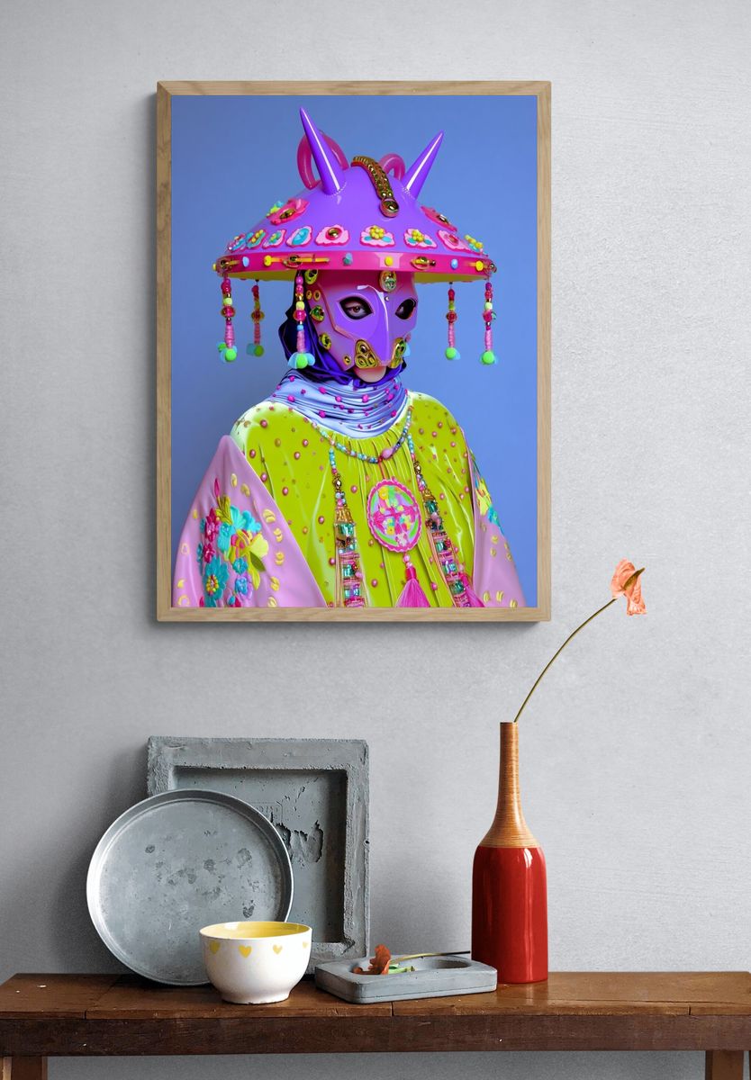Colorful Futuristic Masked Figure Poster. — room view 3