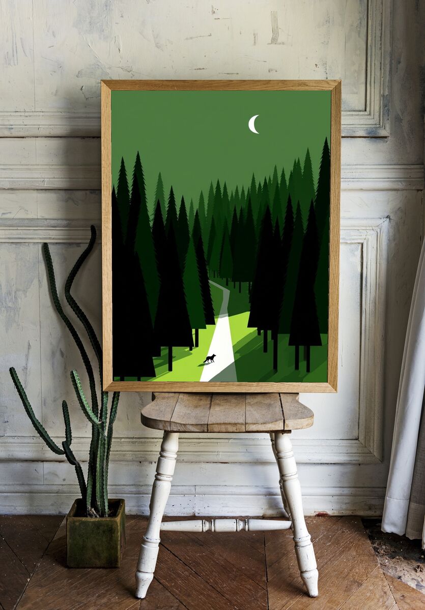 Forest Path with Moon — Illustration Print. — room view 1