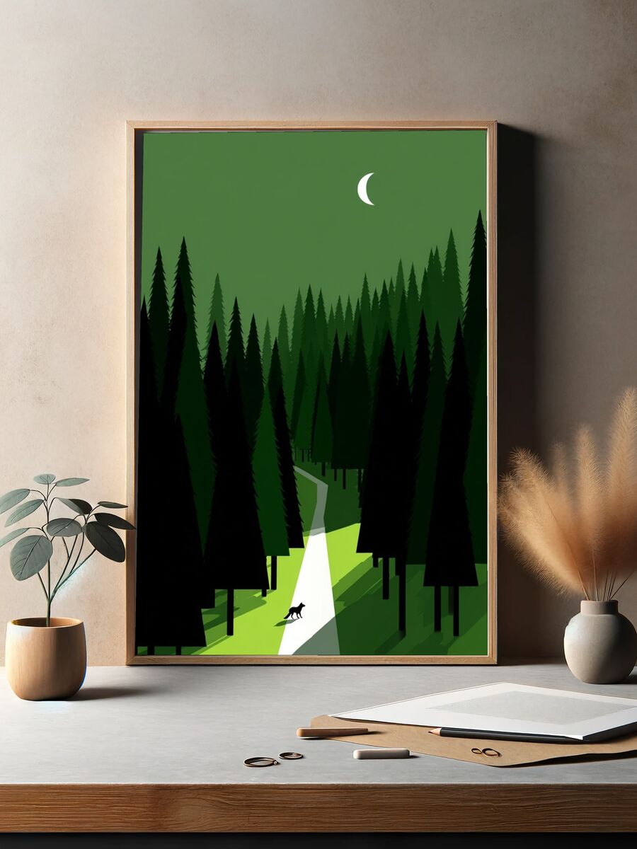 Forest Path with Moon — Illustration Print. — room view 2