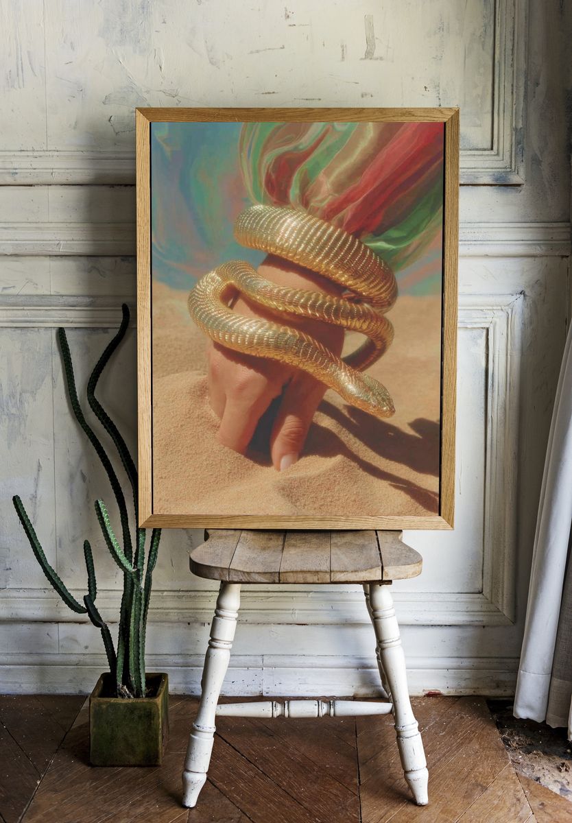 Golden Snake in Sand Surreal Print. — room view 1