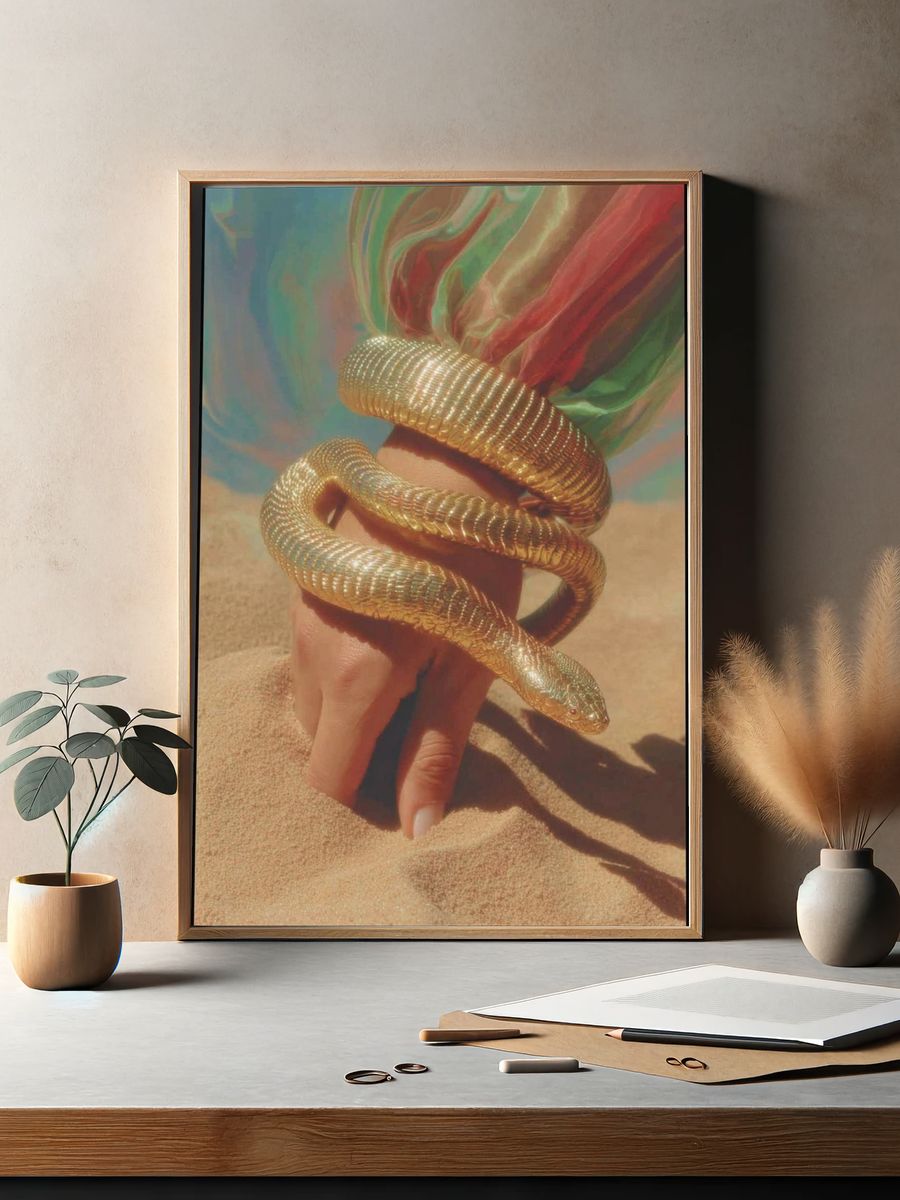 Golden Snake in Sand Surreal Print. — room view 2