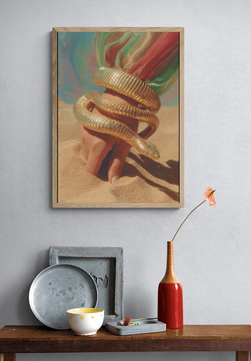 Golden Snake in Sand Surreal Print. — room view 3