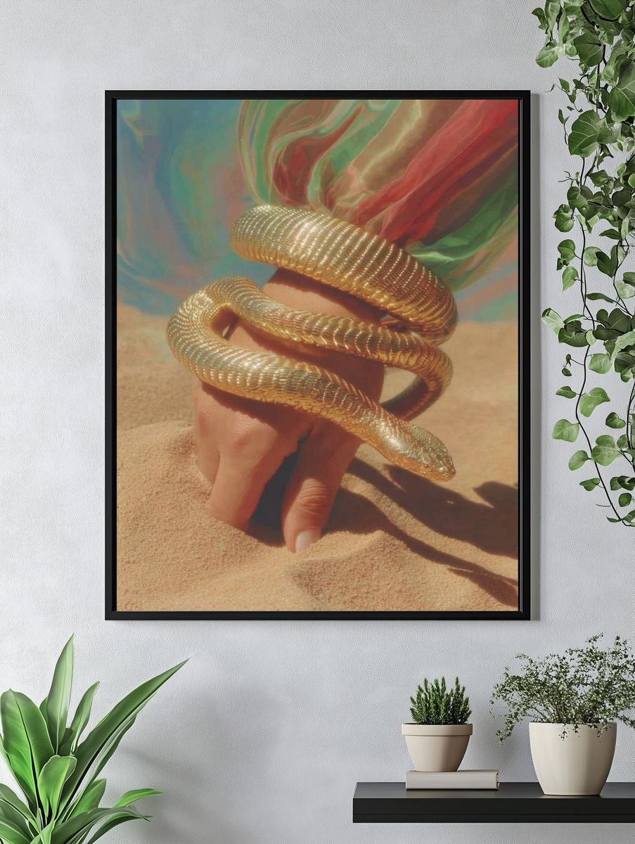 Golden Snake in Sand Surreal Print. — room view 4