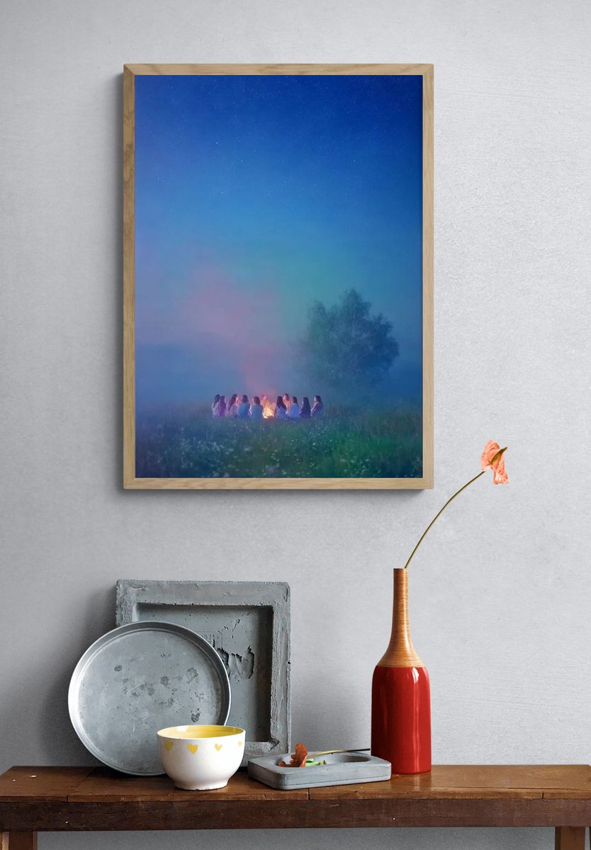 Gathering Around the Fire — Fine Art Print. — room view 3