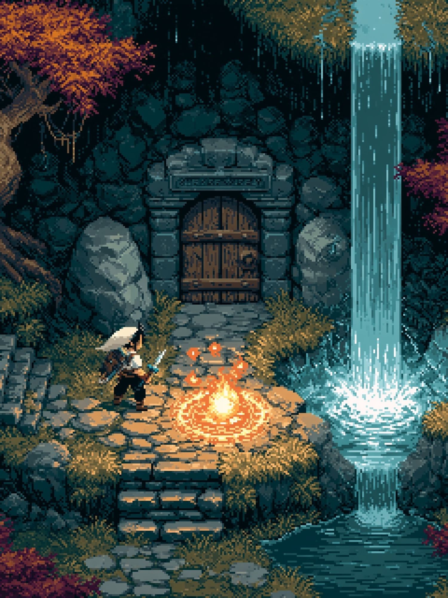 Pixel Fantasy Waterfall Shrine Poster. poster detail