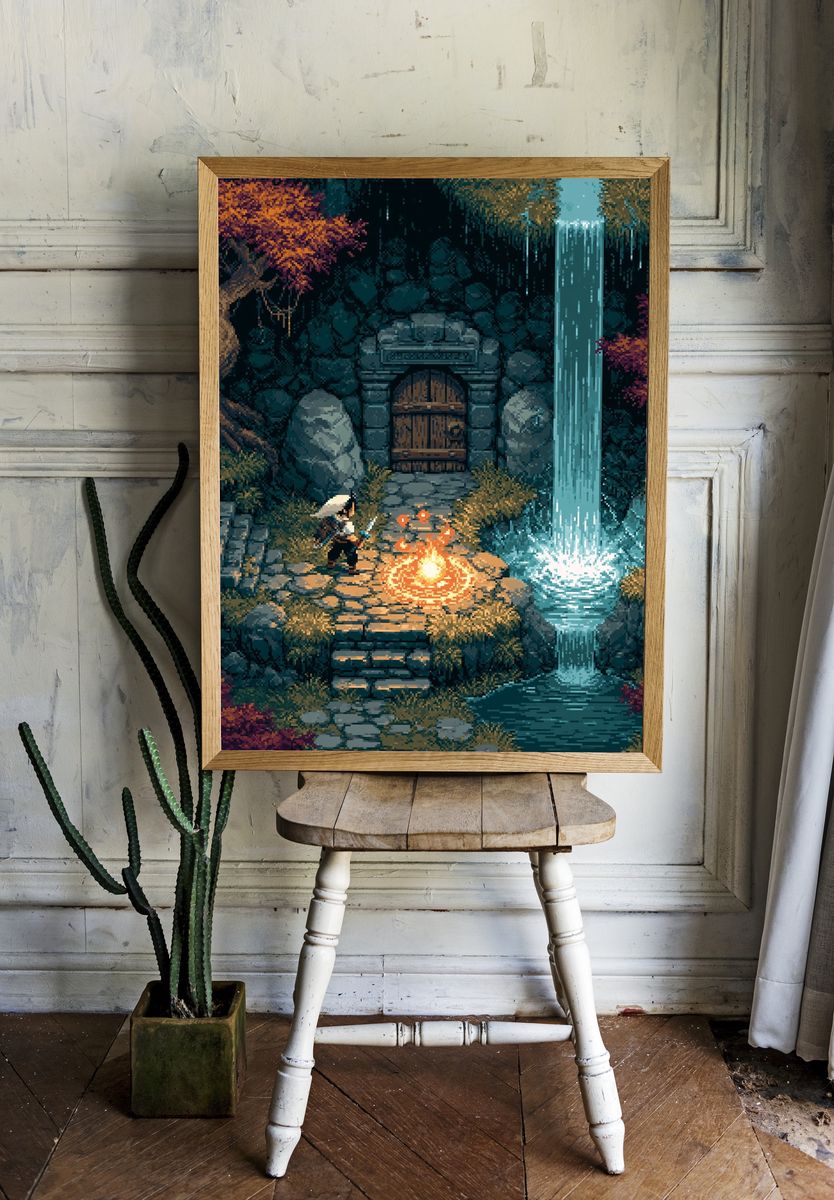 Pixel Fantasy Waterfall Shrine Poster. — room view 1