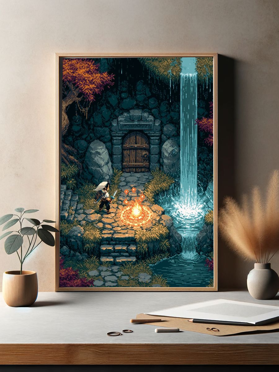 Pixel Fantasy Waterfall Shrine Poster. — room view 2