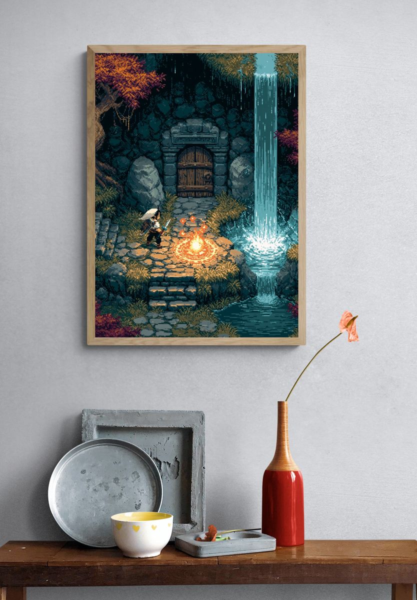 Pixel Fantasy Waterfall Shrine Poster. — room view 3