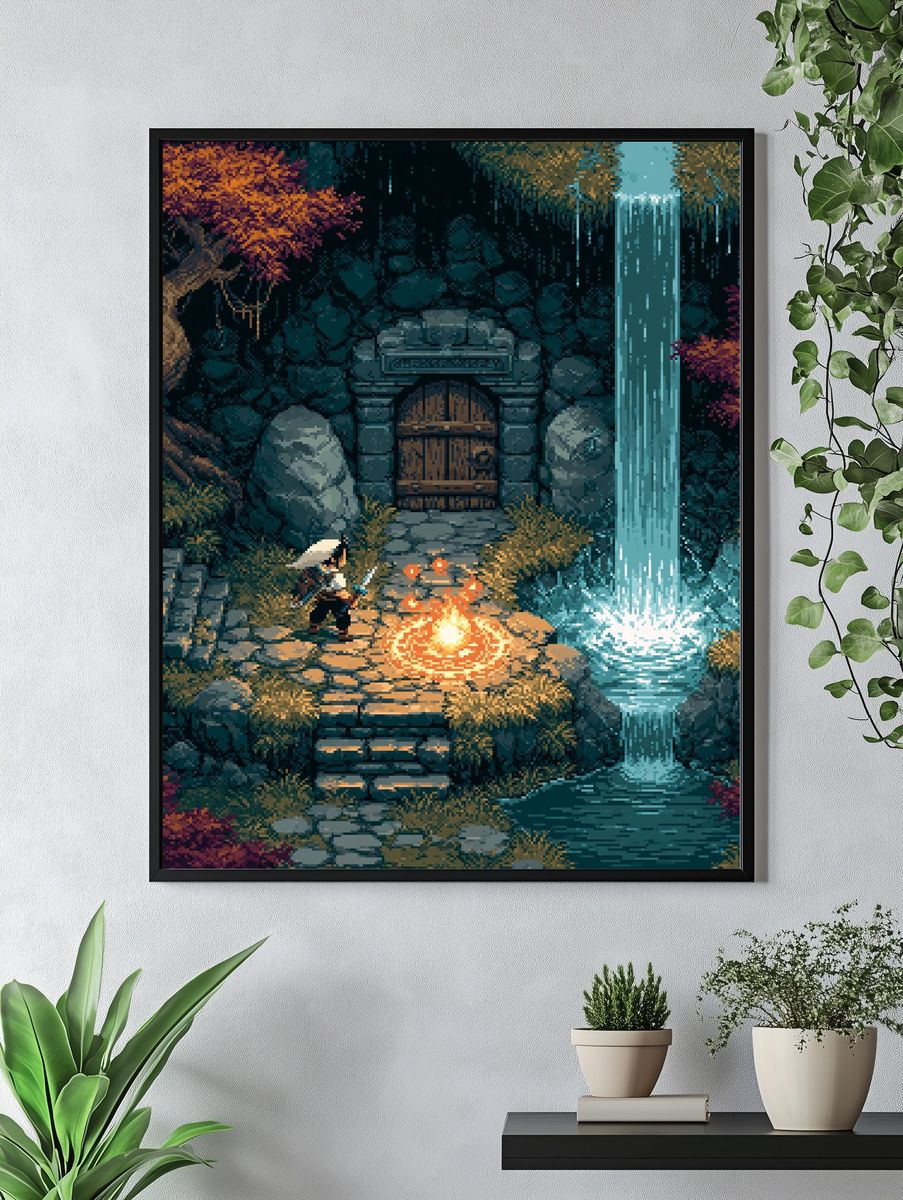 Pixel Fantasy Waterfall Shrine Poster. — room view 4