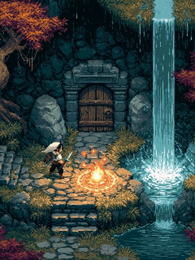 Pixel Fantasy Waterfall Shrine Poster.