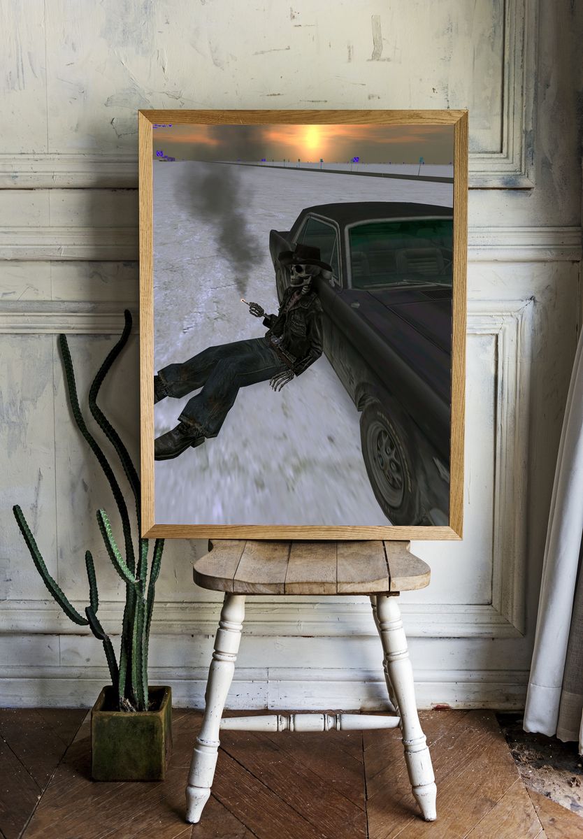 Skeleton Cowboy Car Chase Poster. room preview