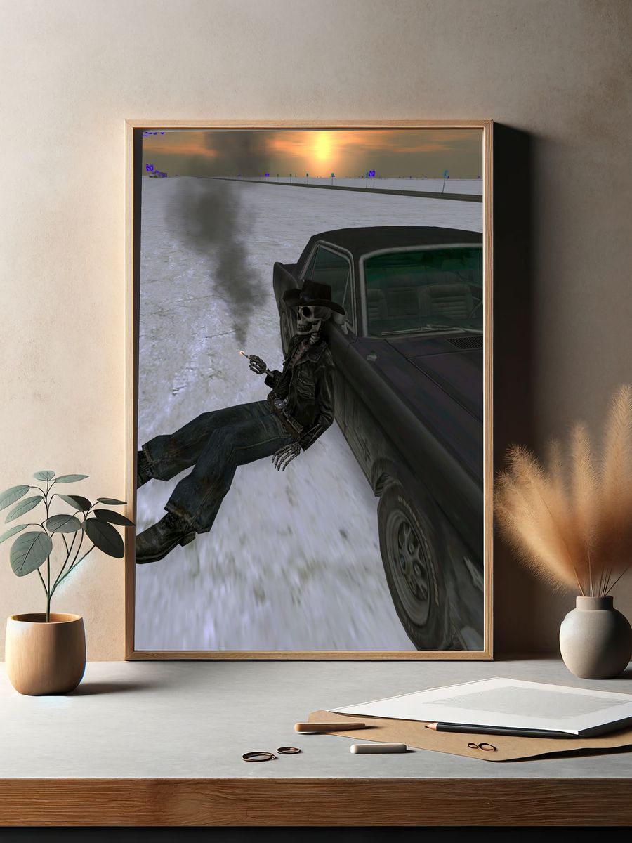 Skeleton Cowboy Car Chase Poster. — room view 2