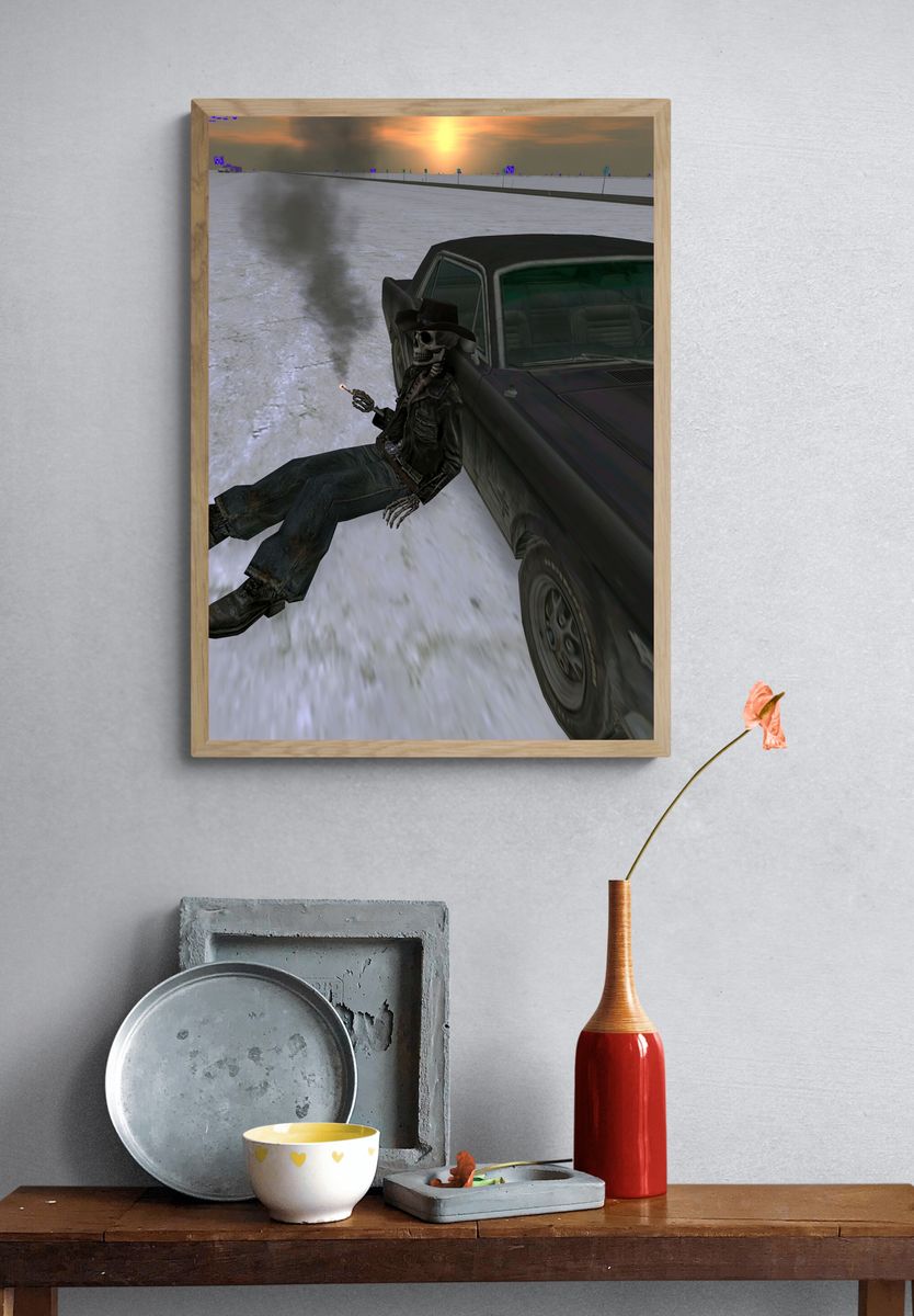 Skeleton Cowboy Car Chase Poster. — room view 3