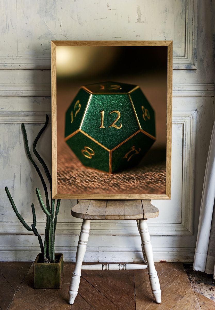 Emerald D20 Dice Photography Poster. room preview