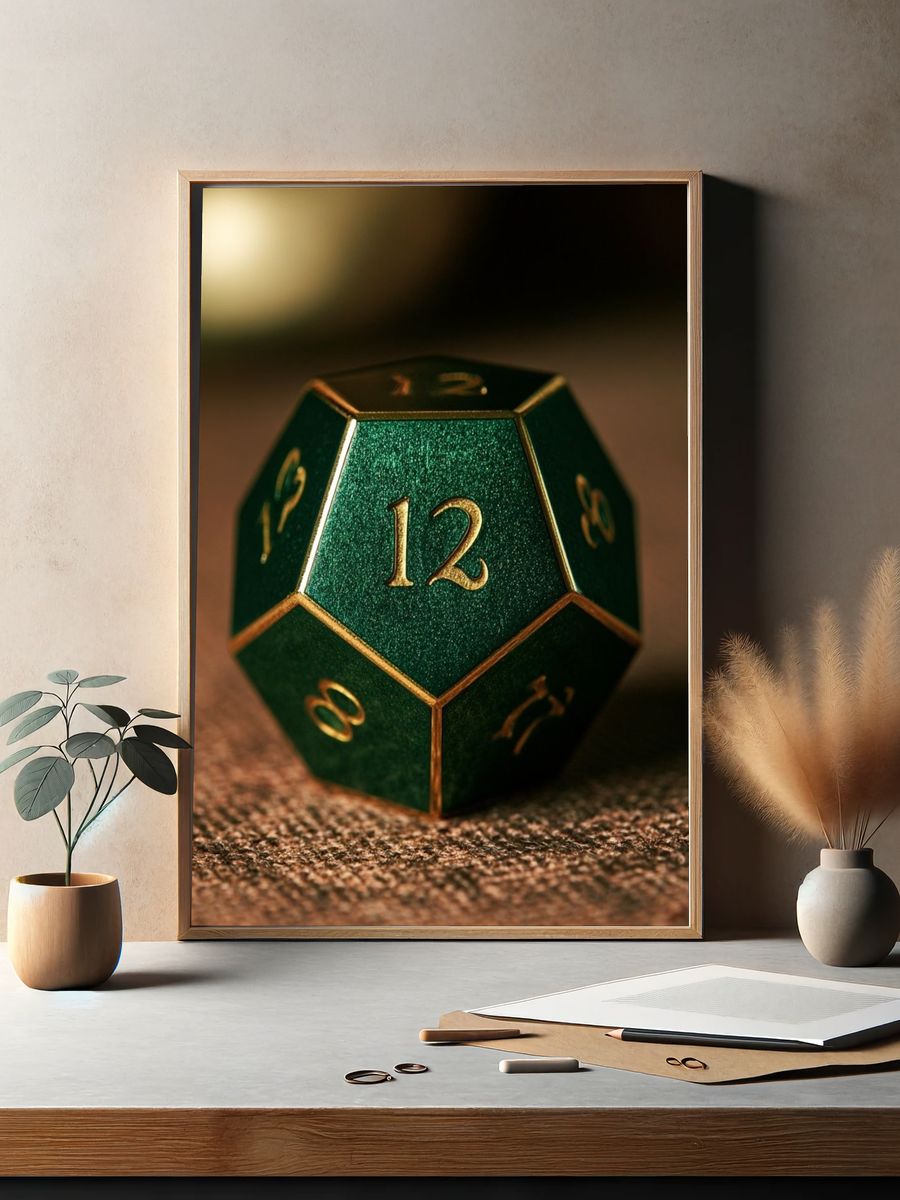 Emerald D20 Dice Photography Poster. — room view 2