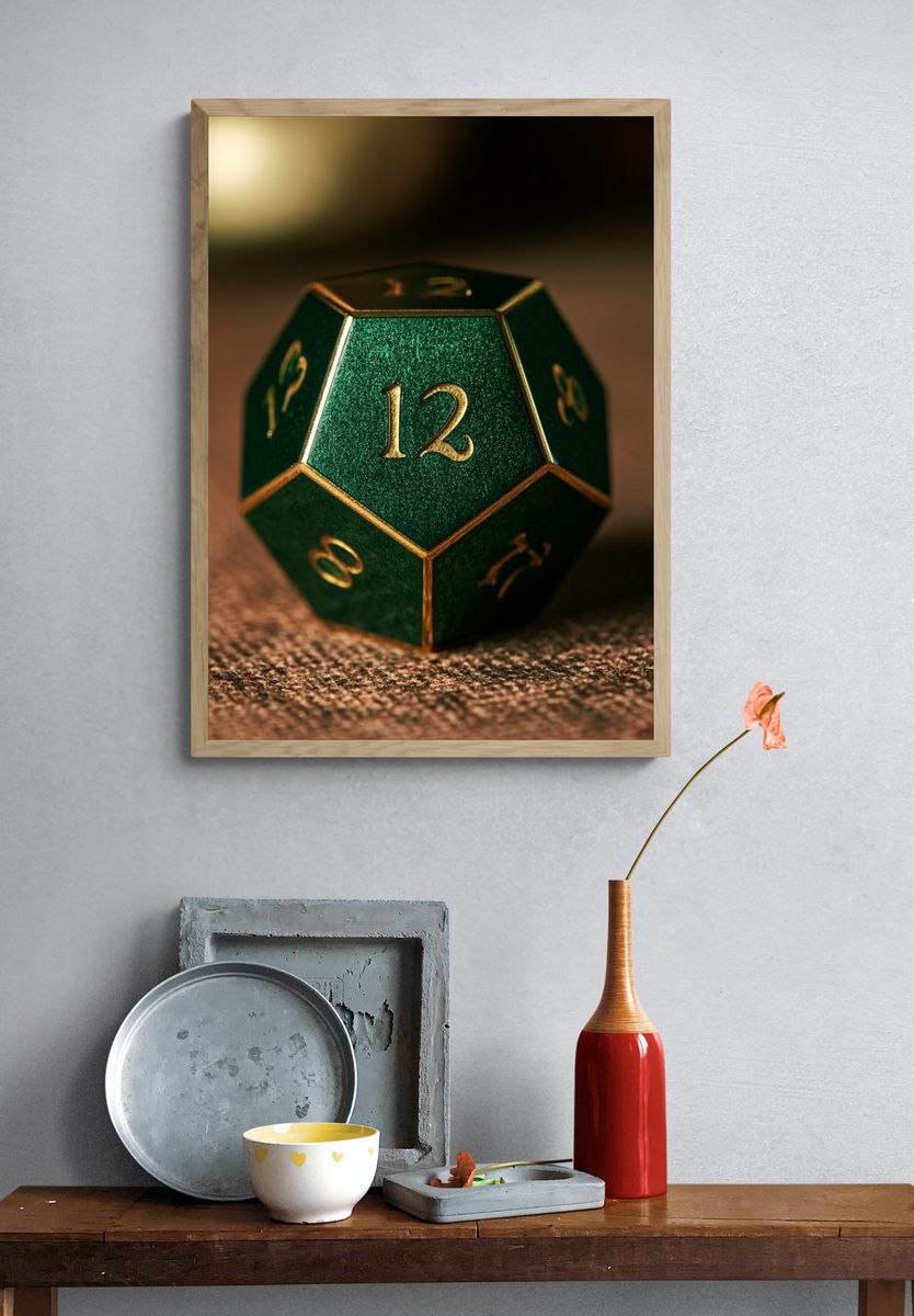 Emerald D20 Dice Photography Poster. — room view 3