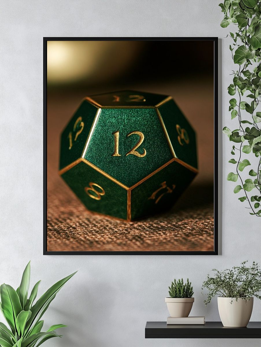 Emerald D20 Dice Photography Poster. — room view 4