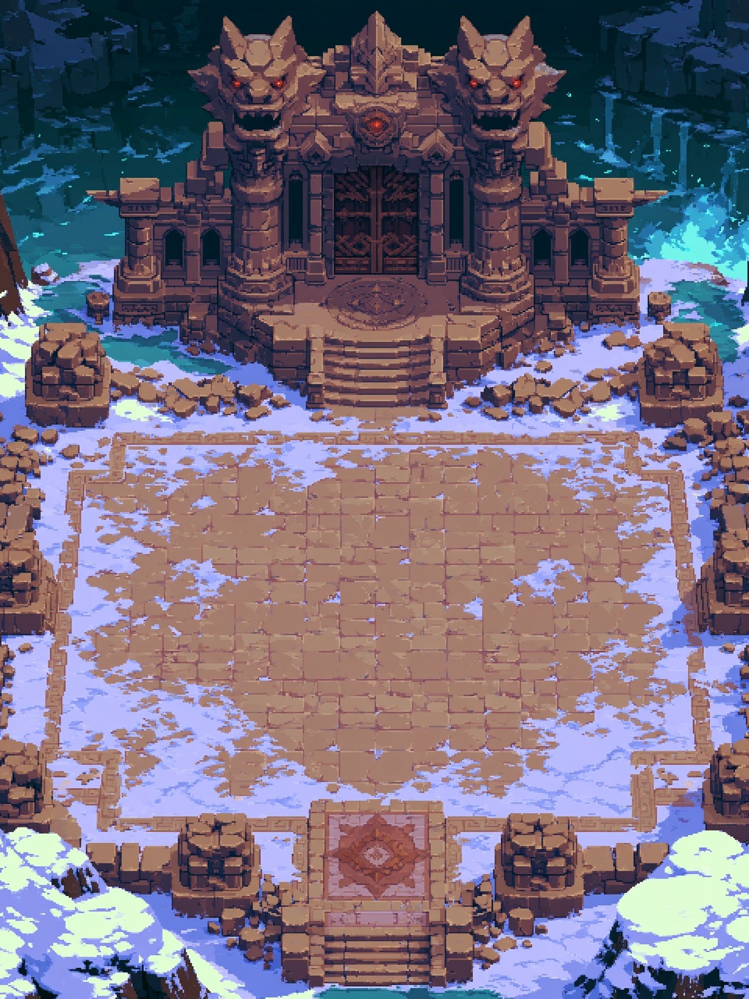 Snowy Demon Temple Pixel Art Poster. poster detail