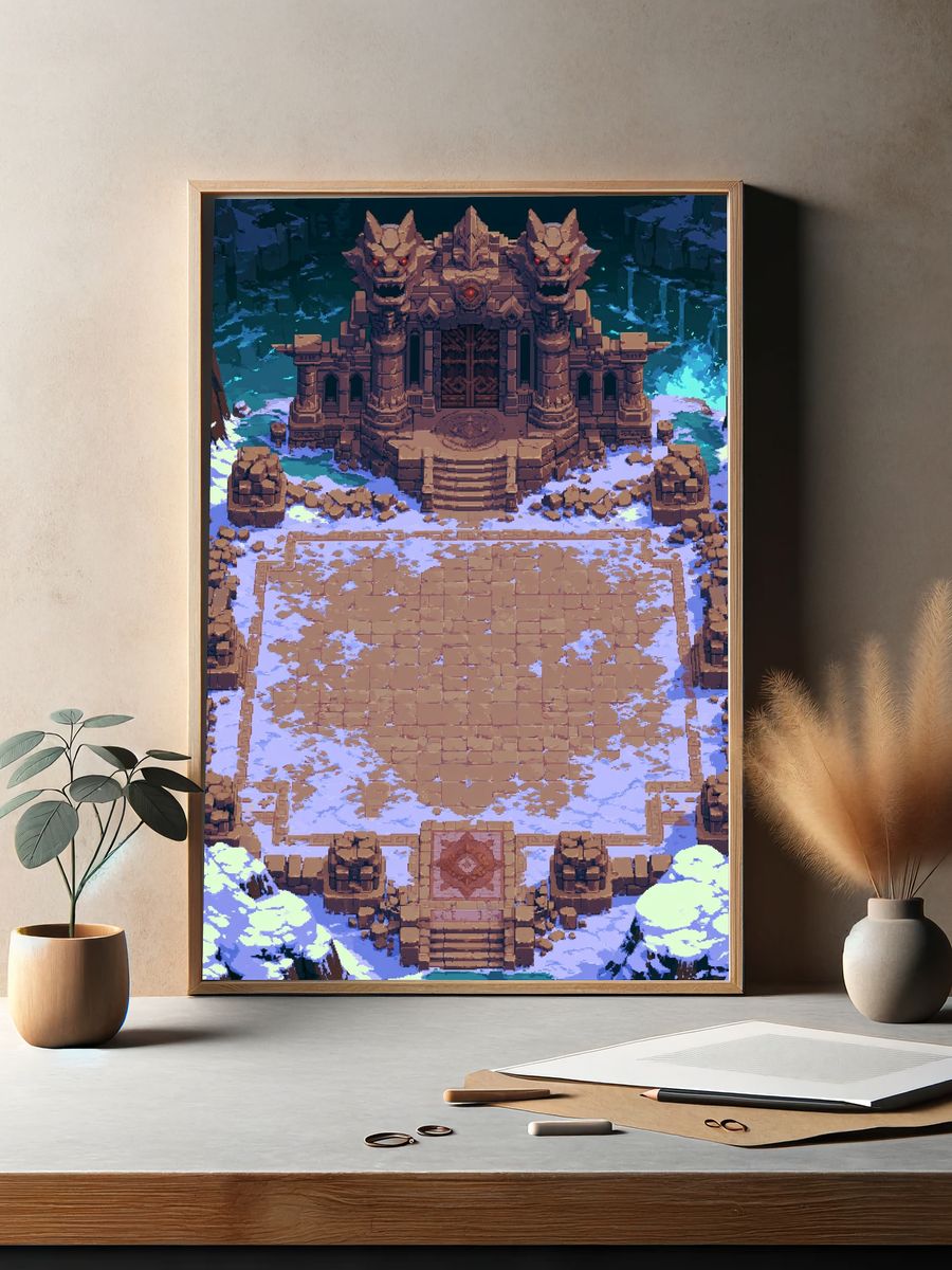 Snowy Demon Temple Pixel Art Poster. — room view 2