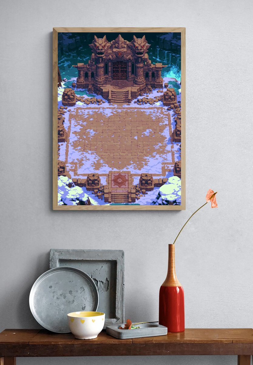 Snowy Demon Temple Pixel Art Poster. — room view 3
